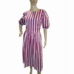 Vintage Lanz Originals Cotton Pink/White Puff-Sleeve Midi Dress. Missing Size.